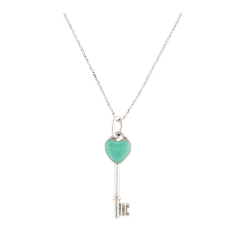 🩵 Tiffany & Co. 925 Sterling Silver & Enamel Necklace Mini Heart Key Pendant - Picture 3 of 4